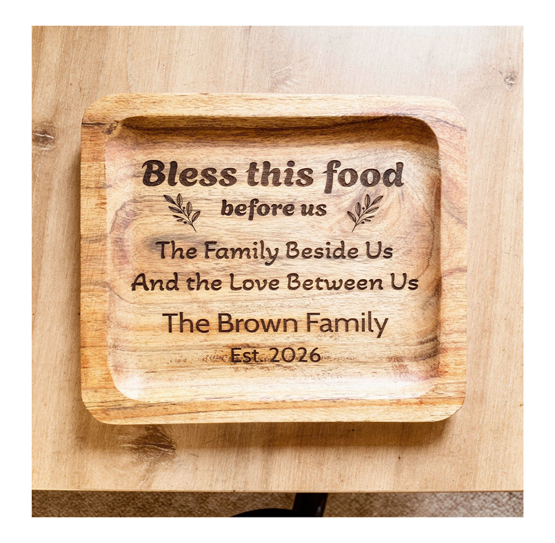 Personalized Bless This Food Serving Tray – Custom Family Name Wooden Tray