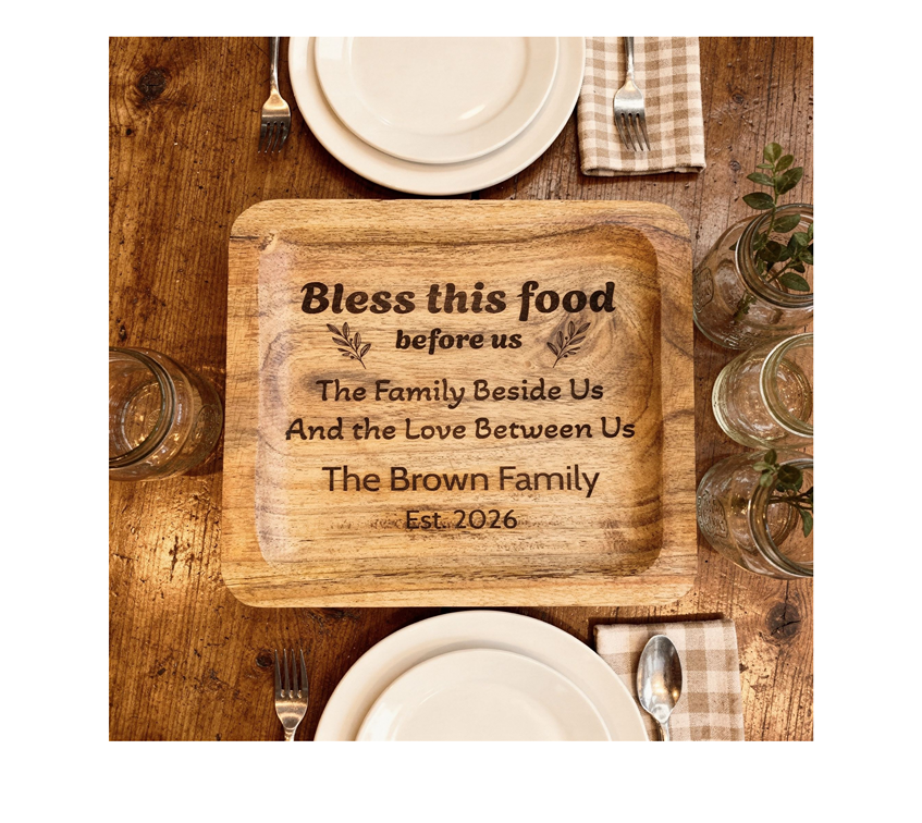 Personalized Bless This Food Serving Tray – Custom Family Name Wooden Tray
